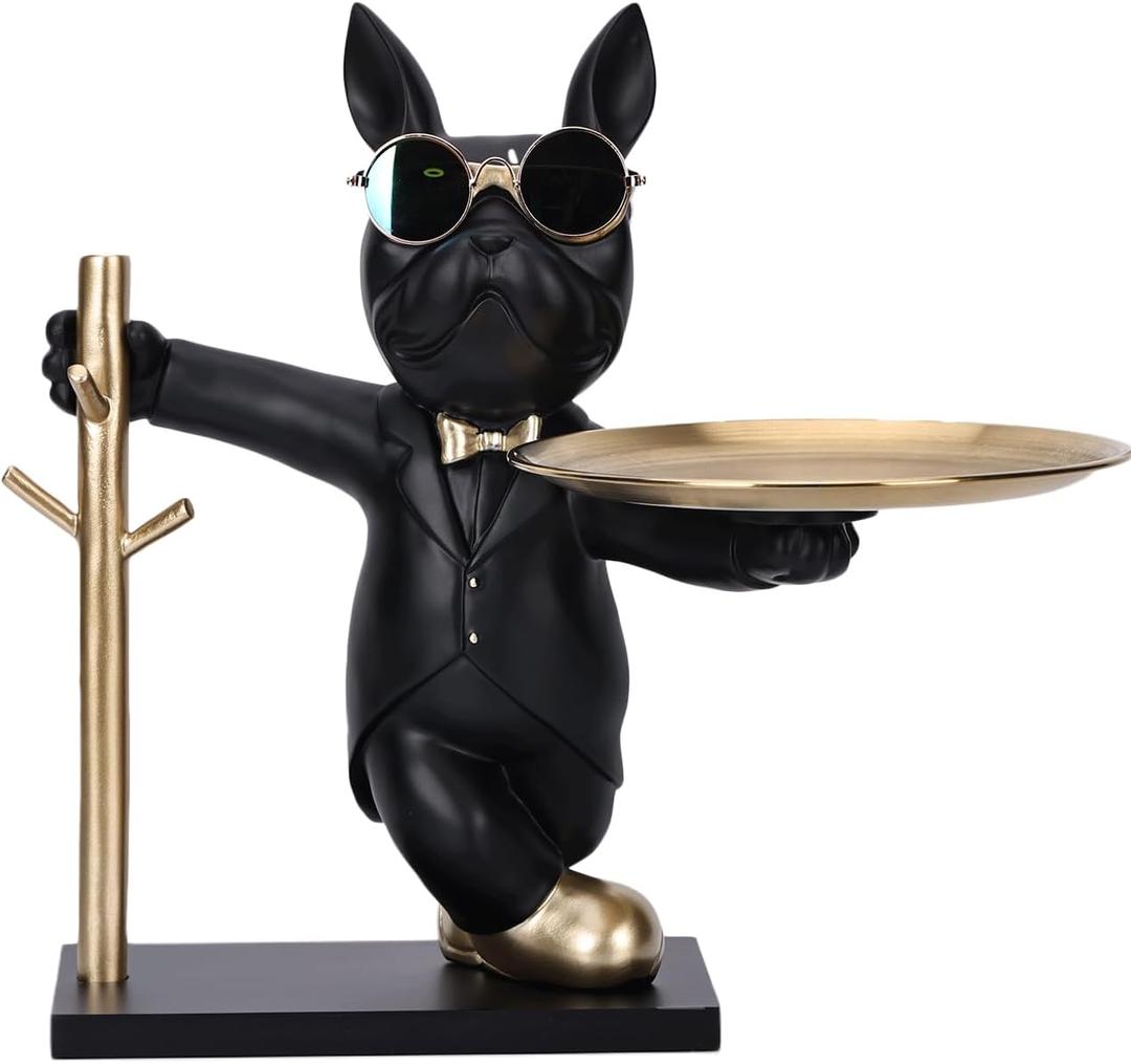Bulldog Key Holder Bowl Statue, Mens Bedroom Essentials for Cool Decor,Modern Home Decor for Cute Frenchie,Accessories Bulldog Gifts,Candy Dish, For Table Decor and Office Small Object Tray (Black)