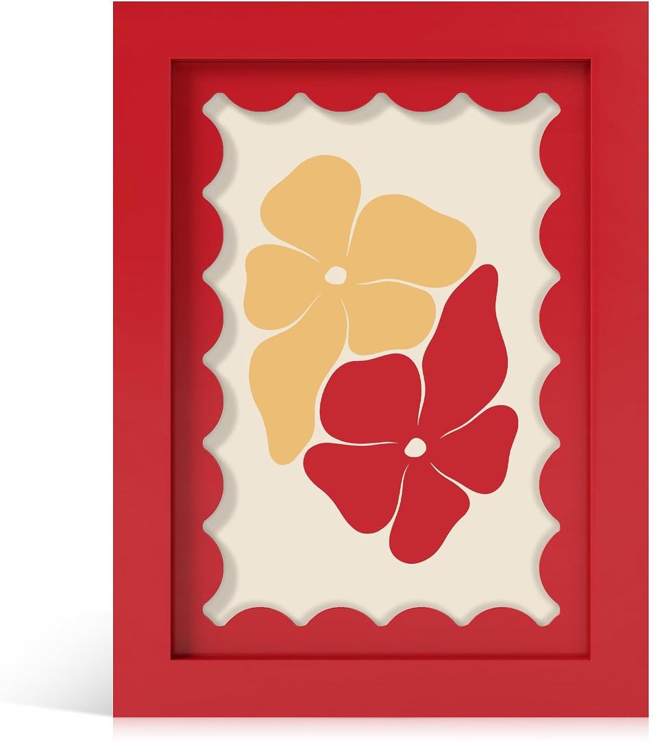 5x7 Picture Frame with Real Glass, Wooden cute 5 x 7 Photo Frame with Wavy Mat for Tabletop and Wall Hanging, Red, 1 Pack