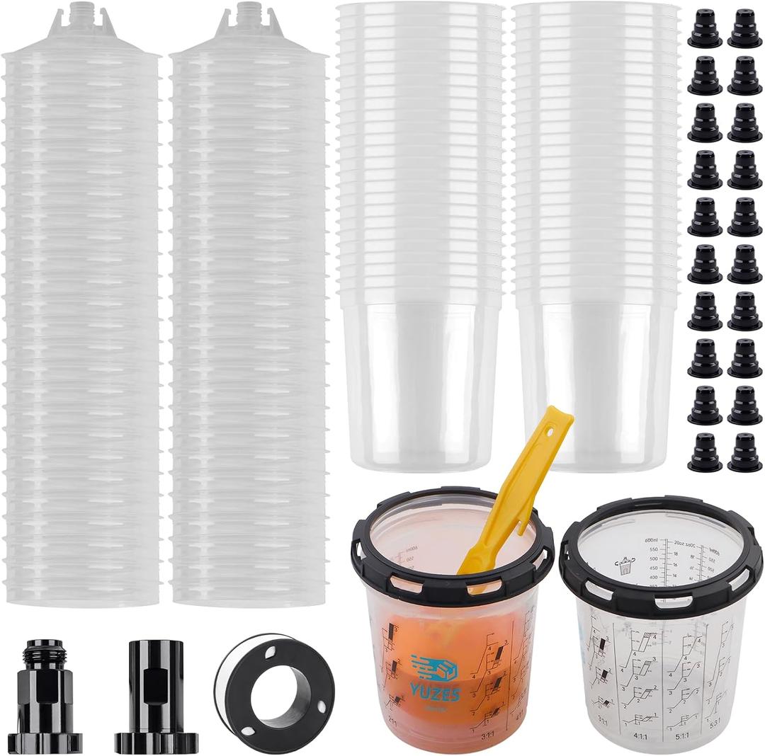 YUZES 50 Disposable Paint Cups with Lids (20 oz, 190-Micron), 2 Paint Mixing Cups with Ratio, 2 Spray Gun Cup Adapters, Paint Gun Cup System for Car & DIY  Ideal for Primer, Sealer & Basecoat