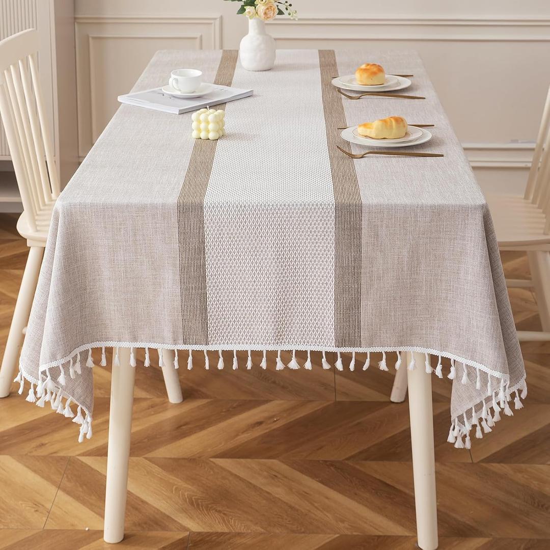Deep Dream Tablecloths for Rectangle Tables, Cotton Linen Table Cloth, Waterproof Wrinkle Free Farmhouse Table Cloth with Tassels for Kitchen Dining Party for Rectangle Tables, 55''x120'',10-12 Seats (Beige, Double Stripe)