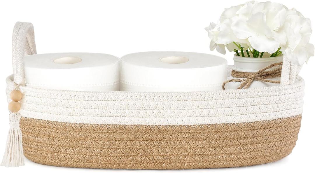 Mkono Small Storage Basket for Toilet Tank Top Boho Bathroom Decor Woven Rope Toilet Paper Tray Organizer for Shelf Bedroom Living Room, Brown and White, 1 Pack, 13" L x 6" W