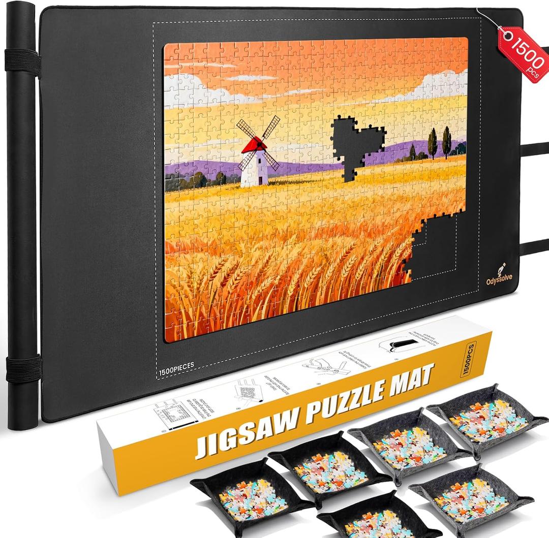 Jigsaw Puzzle Mat Roll Up for 1500 Pieces - All-in-One Puzzle Mat 46" x 26" with Built-in Tube & Straps, 3 Sorting Trays, Travel Storage Bag, Portable Effortless Puzzle Storage, Medium