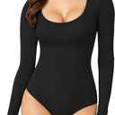Womens Long Sleeve Body Suits Scoop Neck Thong Bodysuits Shirts Trendy Fall Going Out Tops Y2K 2025 (X-Small)