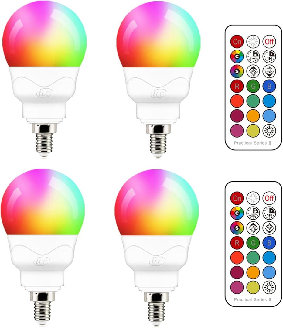 ILC E12 LED Light Bulbs (40w Equivalent) 5W, Color Changing RGB, 5700K Daylight White, Small Base Candelabra Round Light Bulb, A15 Candle Base, 12 Colors 2 Modes Timing with Remote Control (4 Pack)