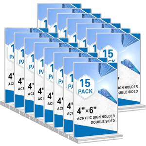 Acrylic Sign Holder 4x6, 15 Pack Clear Double Sided Menu Vertical Display Stand, Desktop Paper Holder Suitable for Restaurants, Office, Store, Show Fair