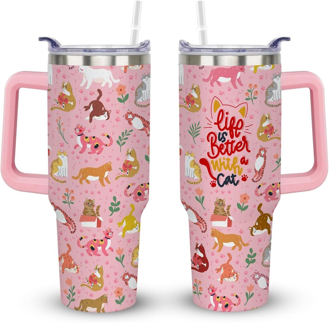 bchiijds 40 oz Cat Cup Tumbler with Handle Lid and Straw, Cat Themed Lover Gifts for Women, Cute Tumblers for Women, Pink