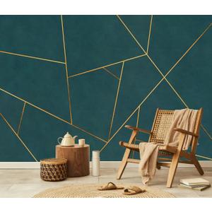 Gold Geometric Mural Wallpaper Peel and Stick for Bedroom 157"x108" | Gray and Blue Background wall mural for Living Room Bedroom