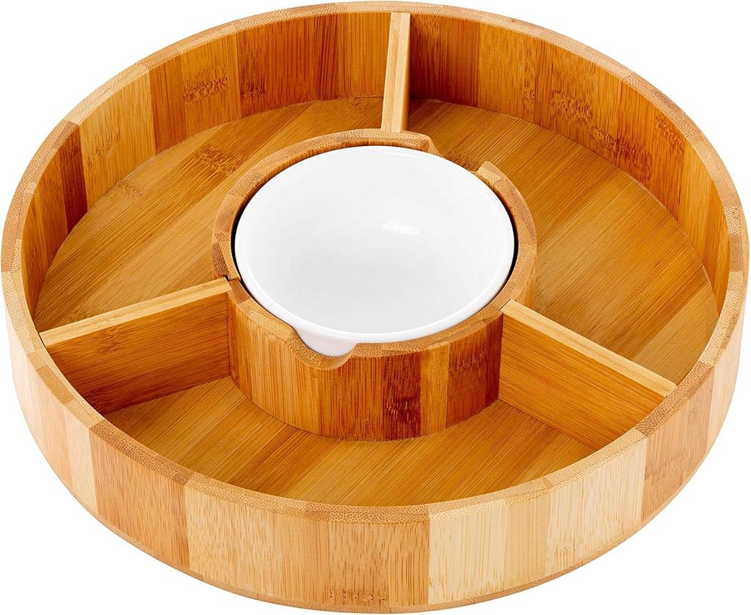 Chip and Dip Serving Bowl  Wooden Appetizer Platter Set with Dip Cup for Salsa, Guacamole, Nacho, Vegetables, Taco Chip, Snacks and More  12 Inch Diameter. Perfect for the BIG GAMES ! Chip and Dip Serving Bowl  Wooden Appetizer Platter Set with Dip Cup for Salsa, Guacamole, Nacho, Vegetables, Taco Chip, Snacks and More  12 Inch Diameter. Perfect for the BIG GAMES !