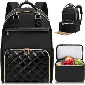 Jetviivid Lunch Backpack, 15.6 Inch Laptop Backpack with Insulated Cooler Lunch box, Womens Work Backpack for Business Teacher Nurse Travel Commuter College Daily, Black