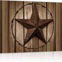 Western Texas Star Canvas Print Wall Art - Country Rustic Wood Grain Farmhouse Barn - Wall Decor Modern Artwork Paintings Pictures for Living Room Stretched and Framed Ready to Hang - 16" x 24"