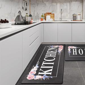 Flowers Home Kitchen Mat Sets 2PCS Non Skid Waterproof Kitchen Rugs and Runner Sets Cushioned Anti-Fatigue Comfort Mat for Home,Office Memory Foam Kitchen Rug, 17.3"30"+17.3"47",Black