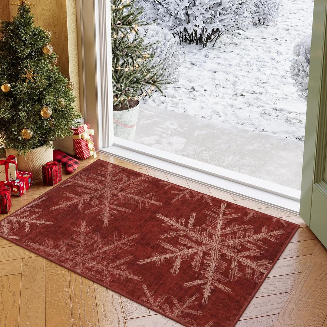 Lahome Christmas Rugs Indoor Kitchen Rug, 2x3 Red Christmas Snowflake Door Mat Washable Non Slip Entryway Rugs, Soft Small Rug Holiday Decor Carpet for Entry Bathroom Bedroom(2x3ft,Red)