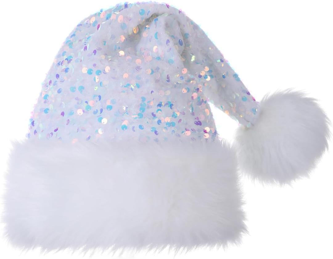 Personalized Sequin Santa Hat for Adults, Red Glitter Christmas Party Hat, Xmas Halloween New Year Holiday Headwear (White)