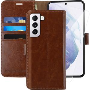 MONASAY Wallet Case Compatible for Galaxy S22 5G, [Included Screen Protector][RFID Blocking] Flip Folio Leather Cell Phone Cover with Credit Card Holder, Brown