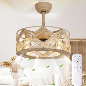 20in Rattan Ceiling Fan with Light, Boho Cage Bladeless Flush Mount Retro Fandelier with Lights and Remote Control, 6-Speed Reversible Silent, Hemp Rope Ceiling Fan for Bedroom Kitchen (Brown)