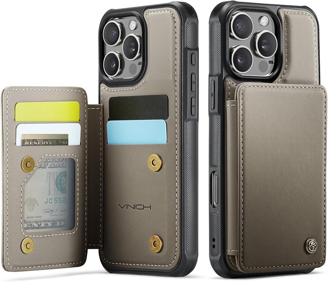 Vinich for iPhone 16 Pro Max 6.9" Wallet Case with Card Holder, RFID Blocking Credit Slots Kickstand Shockproof Phone Cover for Women Men, Gray