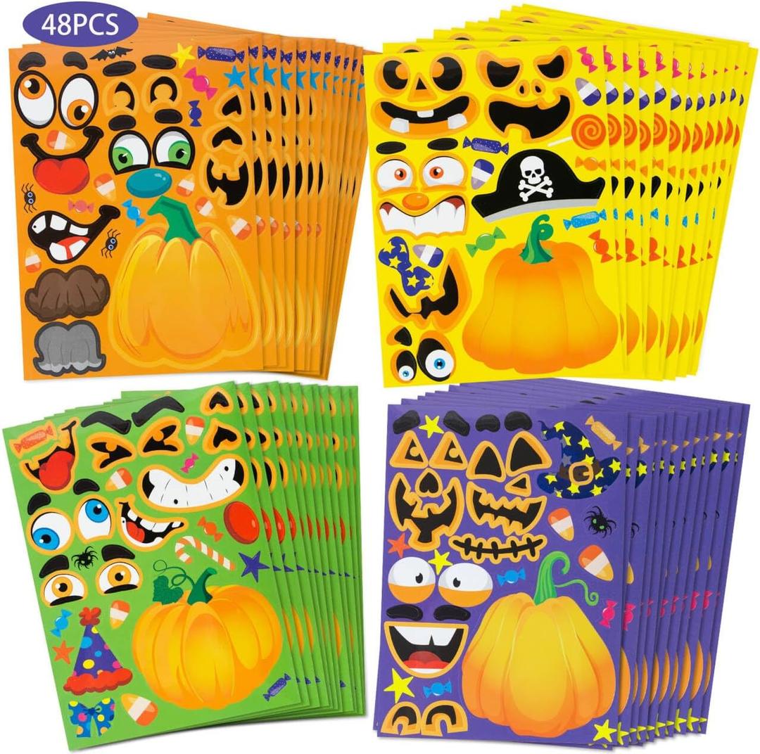 2 x 48 Halloween Stickers for Kids - Make a Pumpkin Face Stickers Decorations for Halloween Party Favors Supplies Classroom Games Gifts Fall Thanksgiving Crafts Goodie Bags Stuffers Fillers Treats
