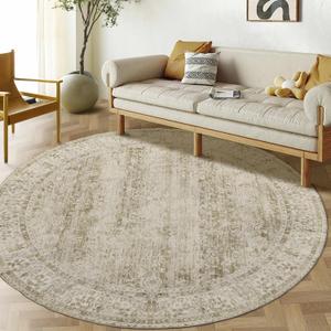 7ft Round 7' Round Rug Washable Area Rugs Vintage Rug Indoor Floor Cover Floral Print Circle Rugs Cream&Light Tan 7ft Round 7' Round Rug Washable Area Rugs Vintage Rug Indoor Floor Cover Floral Print Circle Rugs Cream&Light Tan
