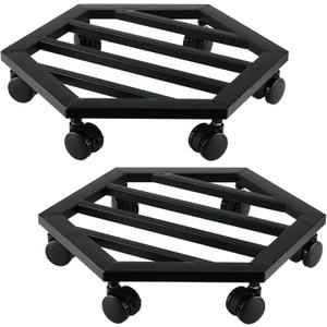 2 Packs 13 inches Large Metal Plant Caddy with Wheels Rolling Plant Stands Heavy-duty Wrought Iron Plant Roller Movers Indoor Outdoor Wheeled Plant Dolly with Casters Tray Coaster, Hexagon black