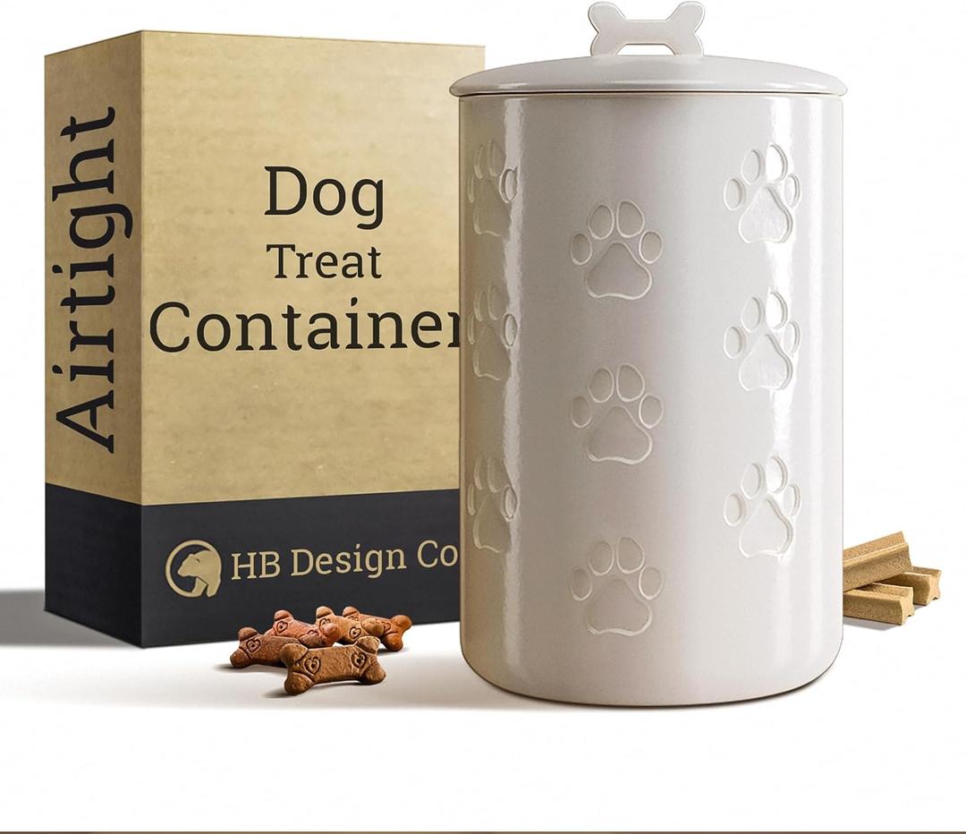 Dog Treat Container Airtight - 5 Inch Wide x 9 Inch Tall Ceramic Dog Treat Jar for Kitchen Counter with Airtight Lid - 7 Cup Capacity Pet Treat Container - Cute Doggie Cookie Jar - Big Treats Canister (White)