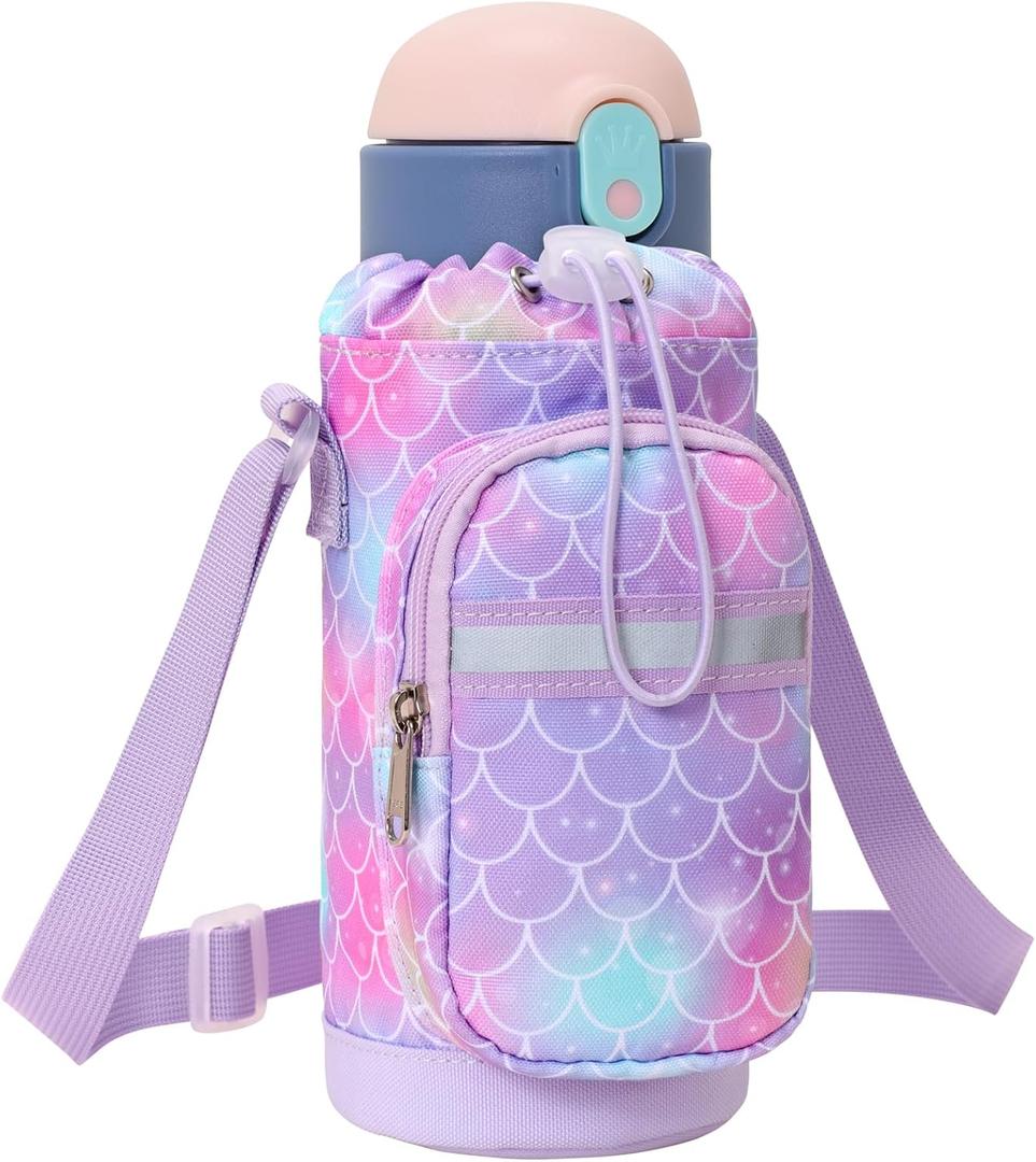Water Bottle Carrier for Kids - Water Bottle Holder with Strap, Boys Girls Water Bottle Sling Bag for 10/12/14/16/18Oz Water Bottles Walking Hiking Trip Camping (A-Purple Mermaid Scale)
