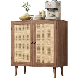 Huuger Buffet Cabinet with Storage, Storage Cabinet with Synthetic Rattan Decor Doors, Accent with Solid Wood Feet, Sideboard for Hallway, Entry, Living Room, Walnut
