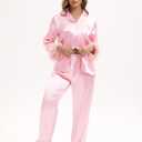 MORFORU Satin Pajama Set for Women Feather Trim Long Sleeve Pjs with Sleep Mask Headband Scrunchie Sleepwear Lounge Set (Pink), Small