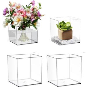 AHANDMAKER 4 Pack Clear Acrylic Square Vases Shatterproof Modern Cube 5.91 Inch Flower Plant Pots for Wedding Centerpieces Christmas Home Office Table Decorations