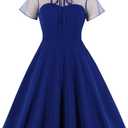 Women's Vintage Illusion Polka Dot Embroidery Keyhole Tie 1950s A-line Cocktail Dress 50s 60s Retro Summer Evening Party Wedding Formal Prom Dance Swing Dresses Royal Blue XXXX-Large