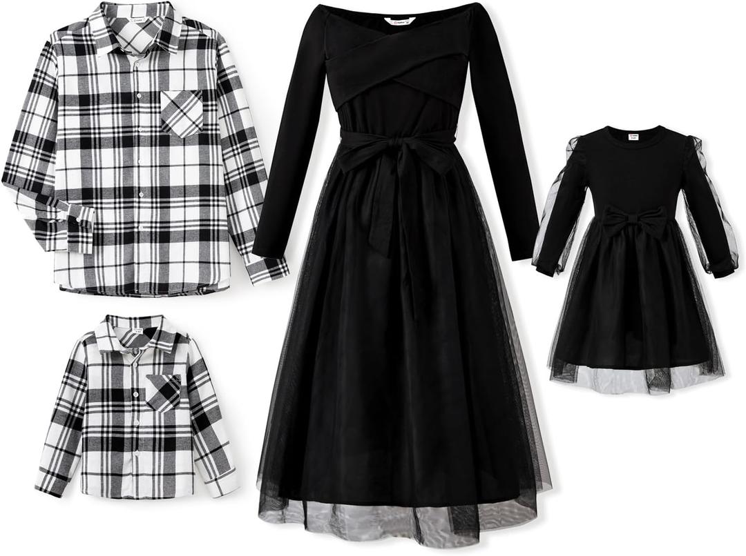 PATPAT Family Matching Outfits Set Mommy and Me Dresses Off Shoulder Midi Dress Dad and Boy Plaid Button Down Shirts (Black, XL)