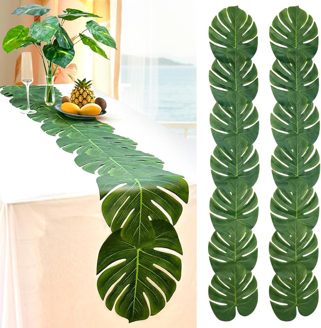 AerWo 12Pcs Palm Leaves Green Table Runner, Artificial Leaves Summer Tropical Leaf Table Runners 72 inches Long for Wedding Moana Jungle Safari Tropical Luau Hawaiian Party Decorations