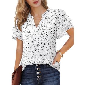 Lotusmile Womens Dressy Chiffon Blouses Summer Puff Petal Short Sleeve Shirts V Neck Casual Work Tops (Medium, White Dot)