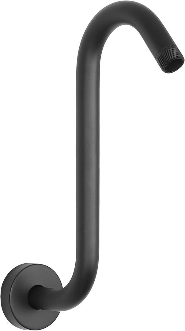 HarJue S Shaped Shower Arm, High Rise Shower Head Extension Pipe Standard 1/2" Connection with Flange, Awesome Shower Experience-Stainless Steel Bathroom Accessory(10 Inch S Shape, Matte Black)