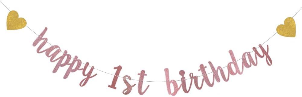 XIAOLUOLY Rose Gold Glitter Banner,Pre-Strung,1st Birthday Party Decorations Bunting Sign Backdrops,Happy 1st Birthday