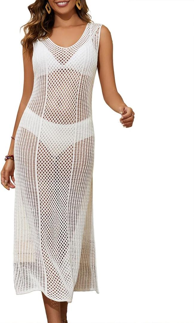 Bsubseach Crochet Cover Up for Swimwear Women Sleeveless Swimsuit Coverup Beach Knit Dress Side Slit White1