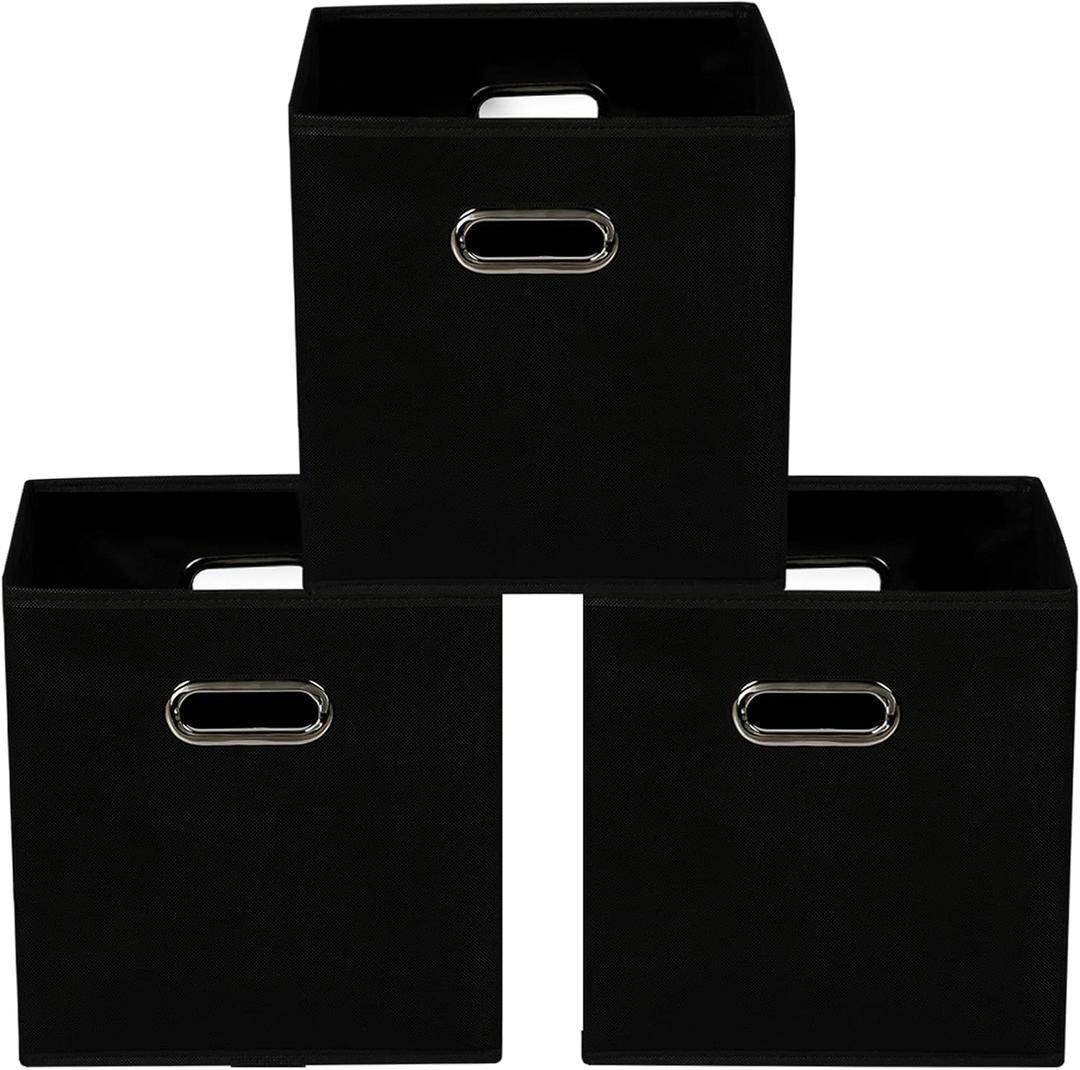 Yunkeeeper storage bins Cubes, Fabric Cube Organizer with Handle, Foldable Cube Bins for Cloth or Accessary Storage, 11x11x11, Set of 3, (Black)