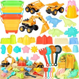 Beach Toys for Kids 35PCS Sand Toys with 3 Collapsible Bucket,3 Dump Truck,Beach Shovel,Sand Castle Building Kit,Ocean Molds,Dinosaur Sand Molds, 2 Mesh Bag,Toddler Beach Essentials for Kids 3-10