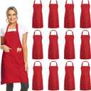 DUSKCOVE 12 Pack Plain Bib Aprons with 2 Pockets - Red Unisex Commercial Apron Bulk for Kitchen Cooking Restaurant BBQ Painting Crafting