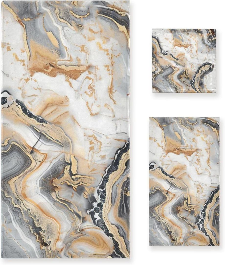 Alaza White Grey Marble Towel Bathroom Set, 3-Piece Towel Set, 1 Bath Towel, 1 Hand Towel, 1 Washcloth,Soft Absorbent Towel for Home Kitchen Gym Beach