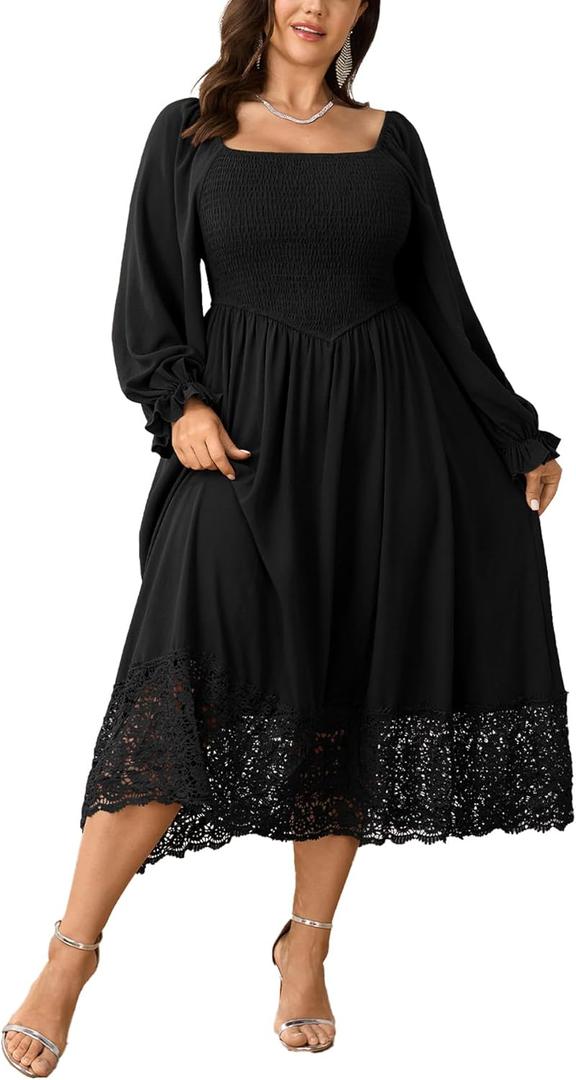 Women's Plus Size Maxi Dress Long Sleeve Square Neck Smocked Flowy A-Line Lace Trim Wedding Guest Dresses, 2XL