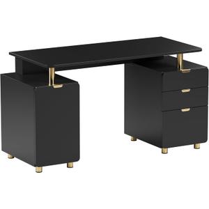 Elegant 56.75" W Executive Desk with 3 Drawers and Storage Cabinet, Modern Office Desk with Gold Accents, Floating Work Surface, Closed Storage with Ventilation & Adjustable Shelf (Black,Gold)