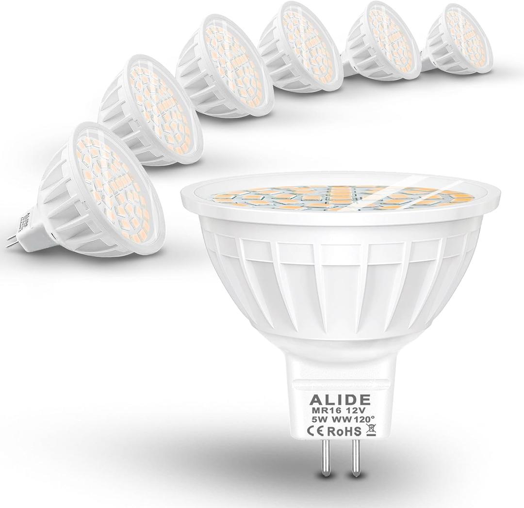 ALIDE MR16 Led Flood Bulbs 5W, Replace 50W Halogen,Wide Angle 120 Degree Beam,GU5.3 Bi-Pin 2700K Warm White,12V MR16 LED Bulb for Overhead Tracking Flood Recessed Accent Landscape Lighting,6 Pack