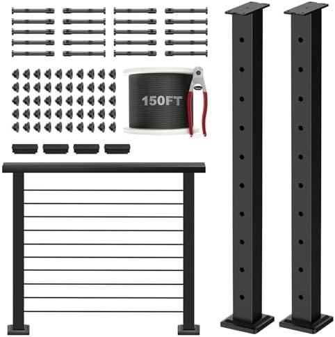 RailinGo 36" Complete Set Cable Railing Post Kits, Wire Railing System Includes 2Pack 35" Level Drilled Posts, 4.5FT Cable Handrail, 1/8" 150FT Wire Rope, Swageless Cable Railing System Kits, Missing Parts