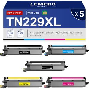 TN229XL High Yield Toner Cartridges Compatible Replacement for Brother TN229 - 5 Pack for HL-L3280CDW MFC-L3780CDW MFC-L3720CDW HL-L3300CDW Printer (TN229XLBK/C/M/Y)