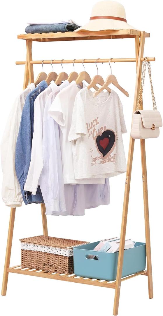 Jotsport Bamboo Clothing Garment Rack with 2 Tier Storage Shelf Clohes Hanging Stand Portable Closet Organizer for Bedroom Small Apartment Guest Room Laundry Room