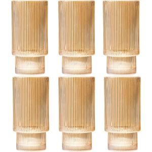 12 oz Ribbed Drinking Glasses Set of 6, Clear Vintage Iced Coffee Cups Elegant Glassware, Highball Glass Cups Ridged Glass Tumbler for Cocktail, Whiskey, Beer, Water, Juice, Origami Style Amber