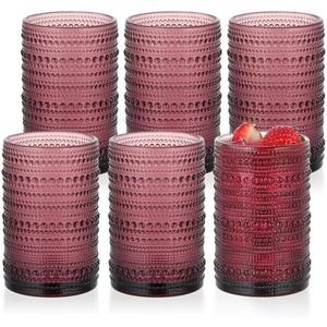 MOLIGOU 6 Pcs Embossed Drinking Glasses, 15oz Vintage Highball Glasses, Beaded Glass Drinking Cups (Purple)