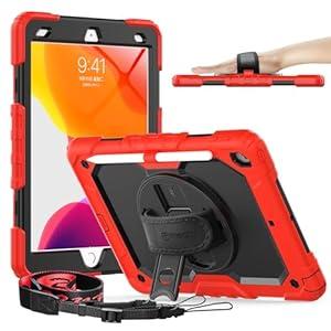 Timecity Case for iPad 9th/ 8th/ 7th Generation 10.2 inch - Heavy Duty Protective Cover with Screen Protector, Rotating Stand, Shoulder Strap & Pencil Holder | Kids-Friendly (Red)