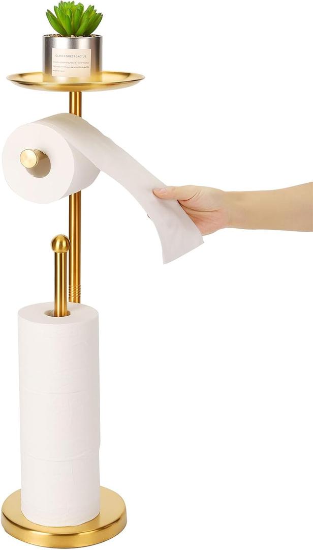 Toilet Paper Holder Stand with Phone Shelf, Gold TP Holder Freestanding, Holds 5 Rolls, Stainless Steel (Gold)