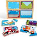 Melissa & Doug Natural Play Wooden Puzzle: Ready, Set, Go (Four 4-Piece Vehicle Puzzles)